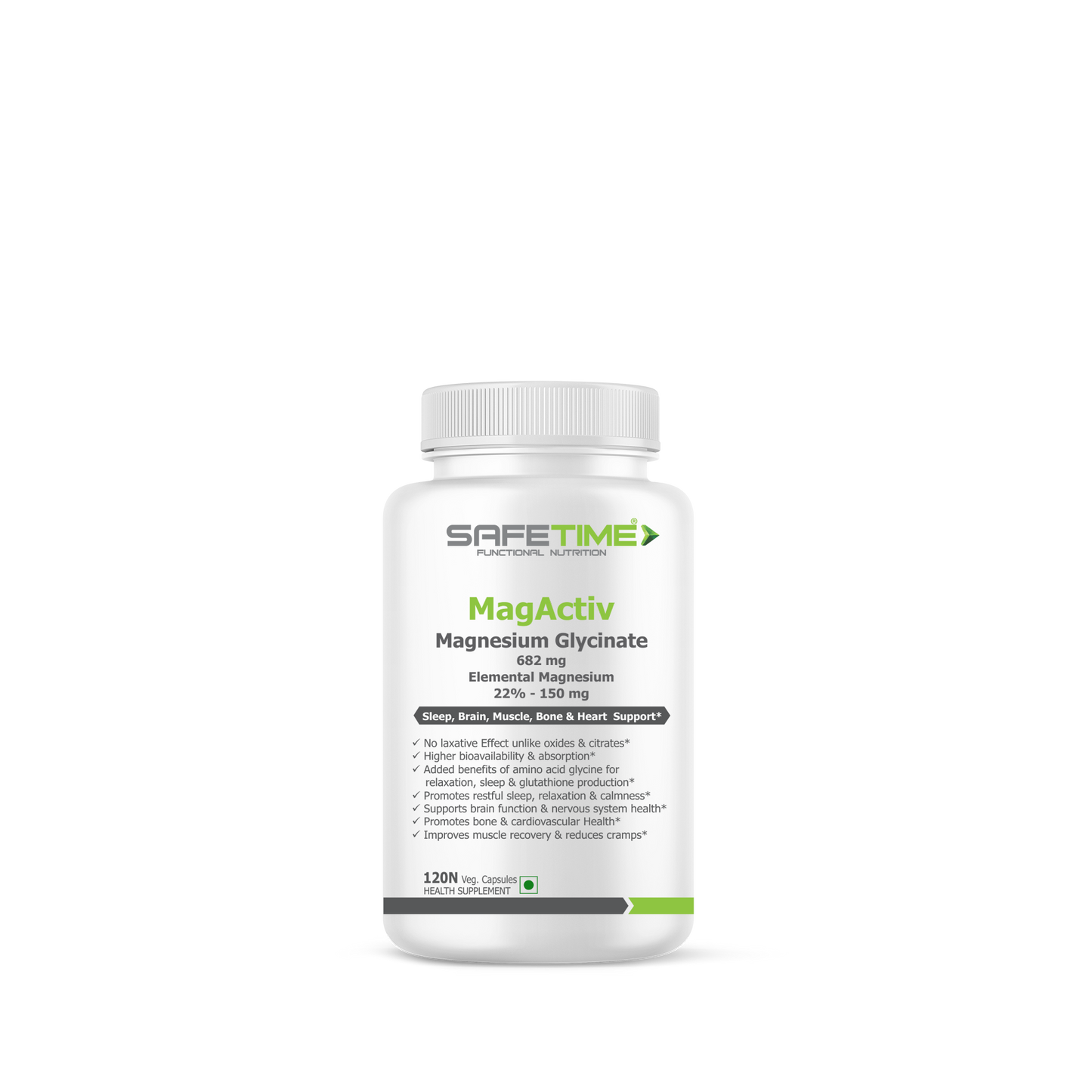 SAFETIME MagActiv MAGNESIUM GLYCINATE 682 mg (Elemental Magnesium 150 mg per Capsule) Chelated, Bioavailable & Safe (120 Veg capsules)