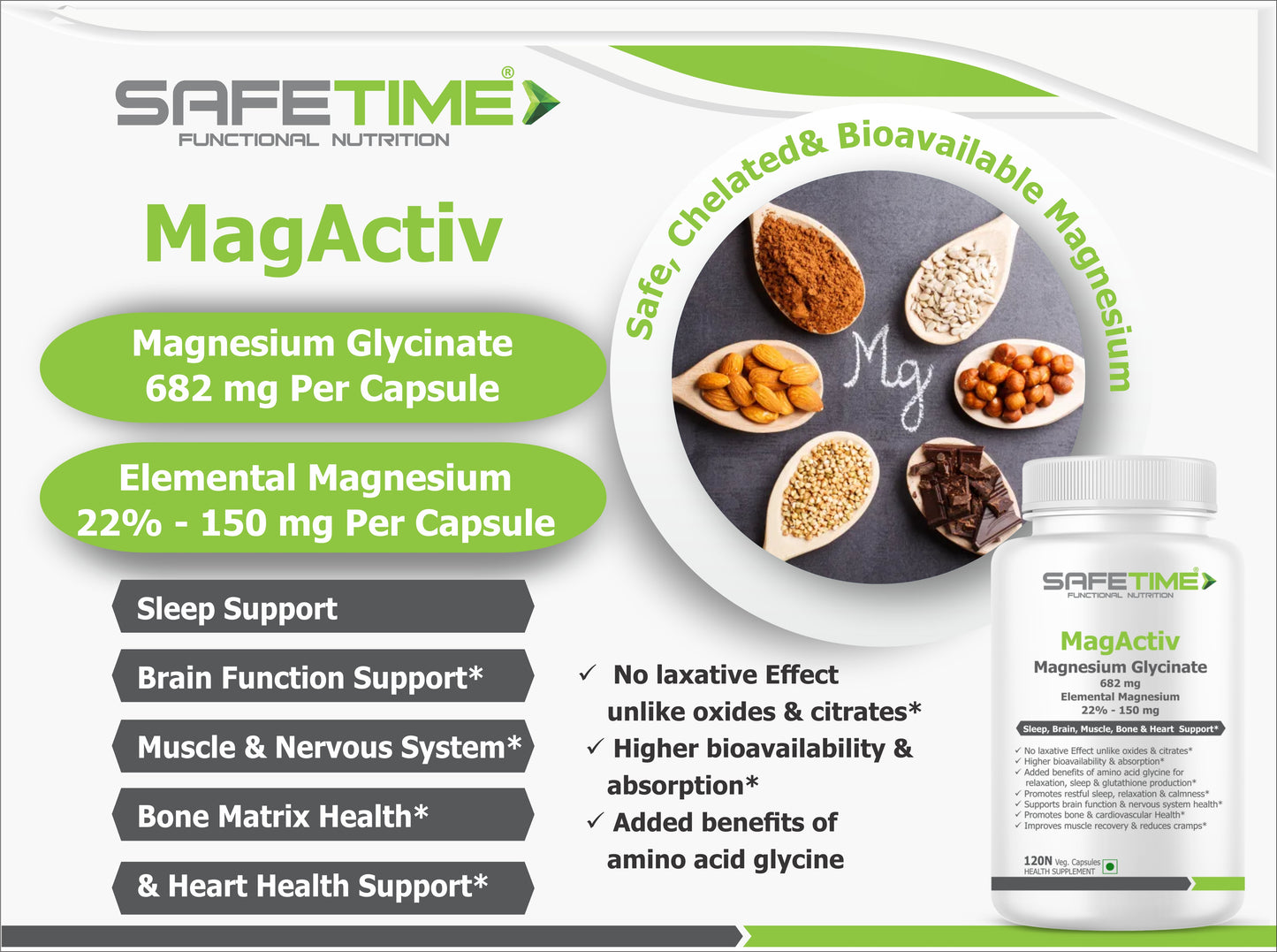 SAFETIME MagActiv MAGNESIUM GLYCINATE 682 mg (Elemental Magnesium 150 mg per Capsule) Chelated, Bioavailable & Safe (120 Veg capsules)