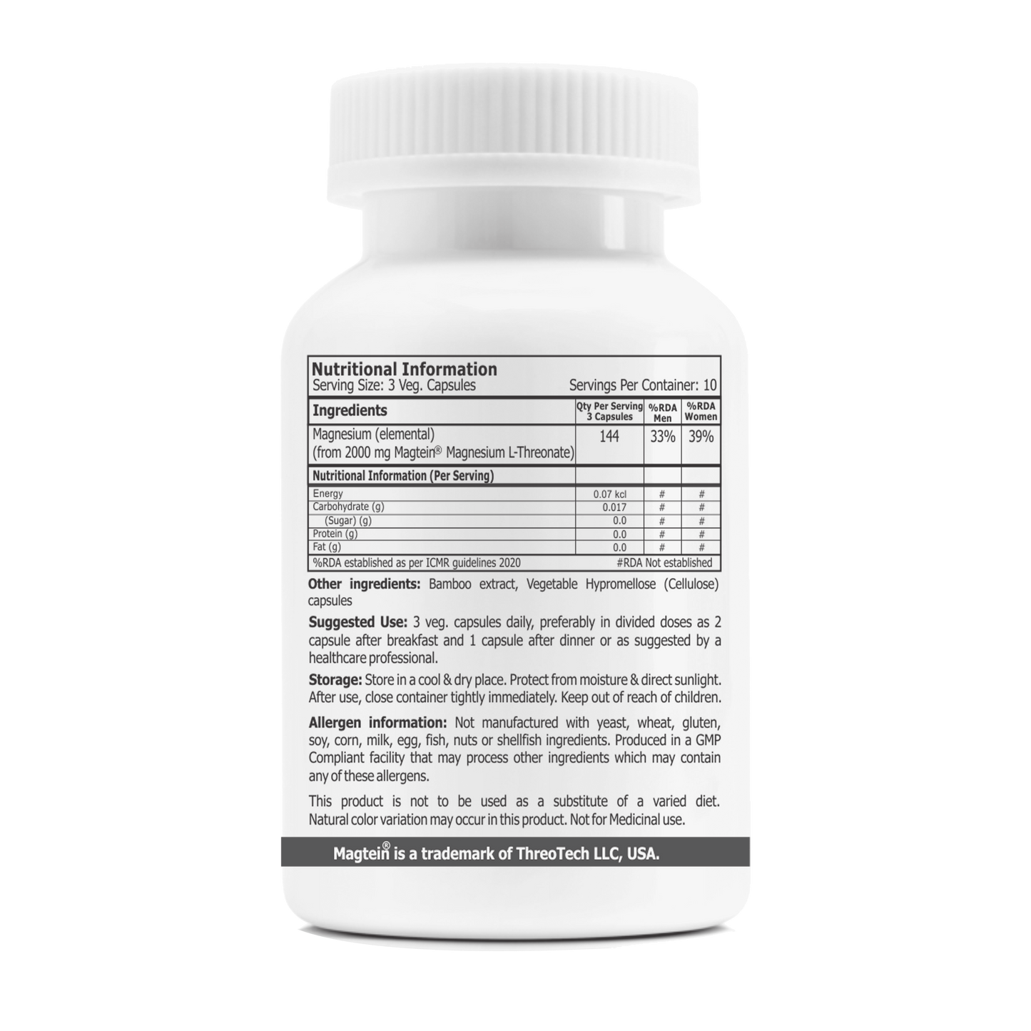 SAFETIME Functional Nutrition  MAGTEIN Magnesium L Threonate Cognitive Function & Brain Health Support (30 Veg. Capsules)