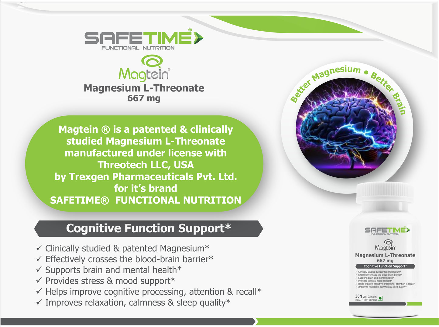 SAFETIME Functional Nutrition  MAGTEIN Magnesium L Threonate Cognitive Function & Brain Health Support (30 Veg. Capsules)