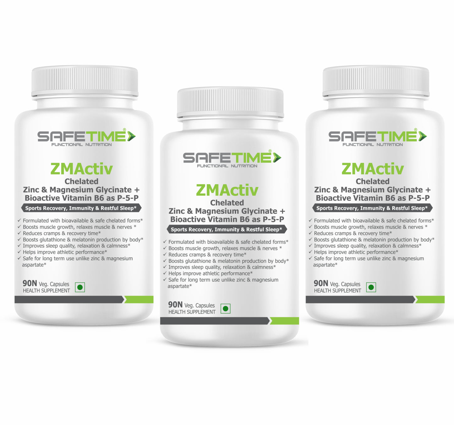 SAFETIME ZMActiv Safe, Chelated, Bioavailable Zinc & Magnesium Glycinate with Bioactive Vitamin B6 as P5P Sports Recovery, Immunity & Restful sleep (90 Veg capsules)