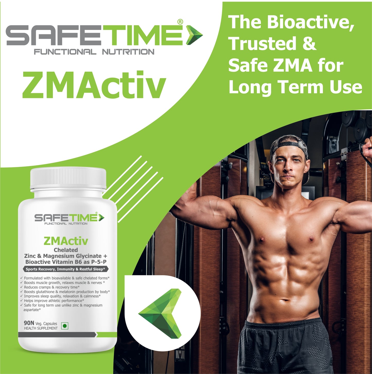 SAFETIME ZMActiv Safe, Chelated, Bioavailable Zinc & Magnesium Glycinate with Bioactive Vitamin B6 as P5P Sports Recovery, Immunity & Restful sleep (90 Veg capsules)
