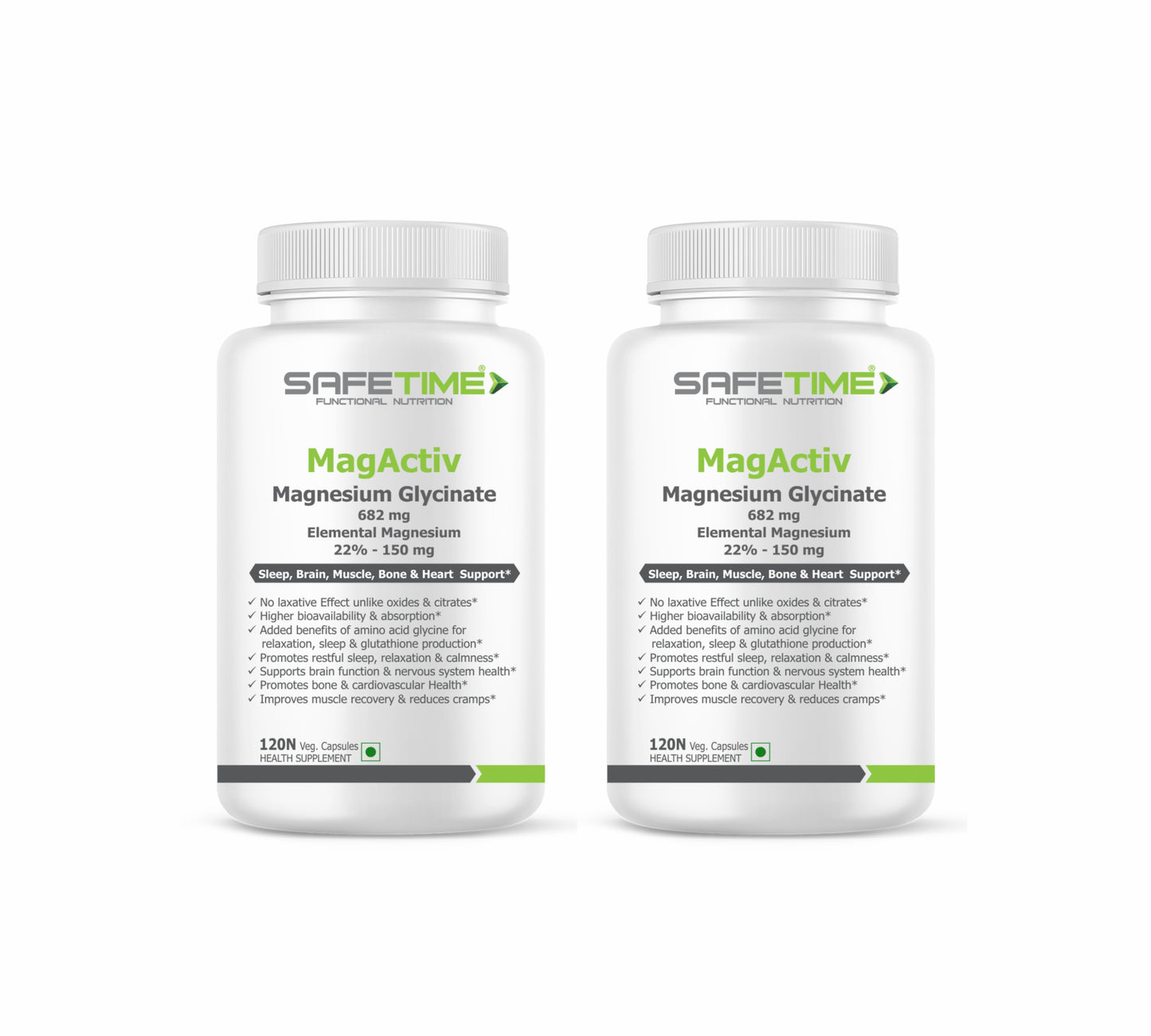 SAFETIME MagActiv MAGNESIUM GLYCINATE 682 mg (Elemental Magnesium 150 mg per Capsule) Chelated, Bioavailable & Safe (120 Veg capsules)