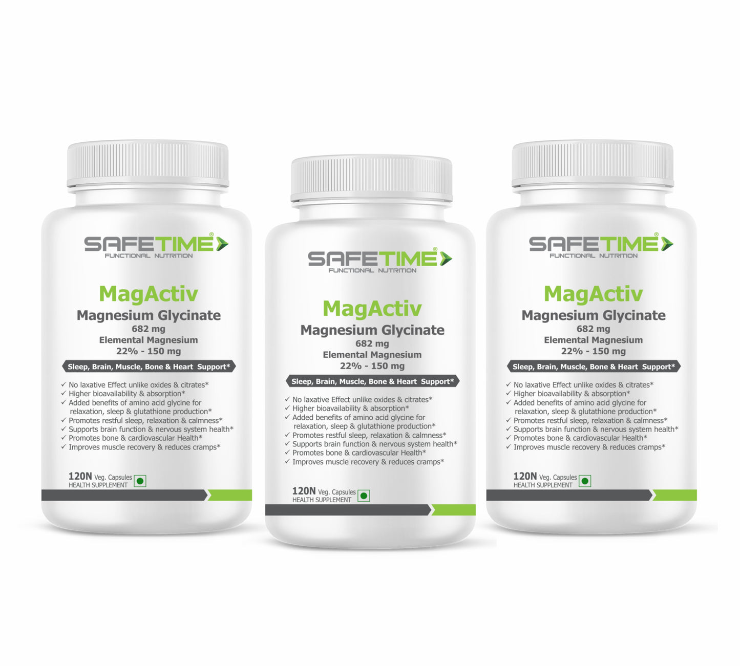 SAFETIME MagActiv MAGNESIUM GLYCINATE 682 mg (Elemental Magnesium 150 mg per Capsule) Chelated, Bioavailable & Safe (120 Veg capsules)