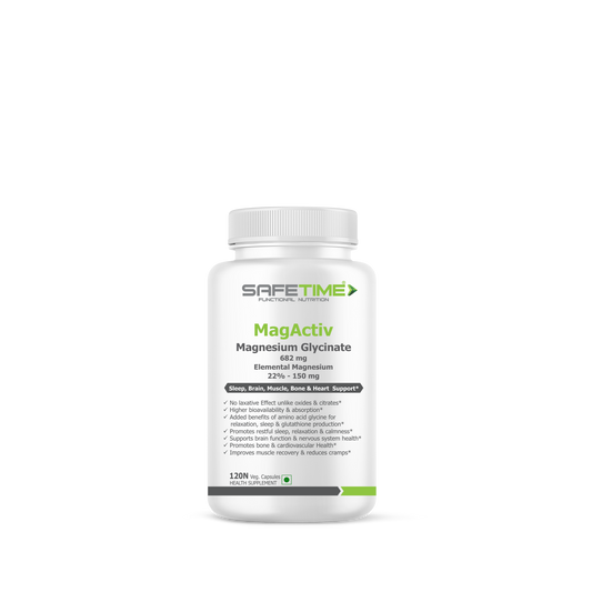 SAFETIME MagActiv MAGNESIUM GLYCINATE 682 mg (Elemental Magnesium 150 mg per Capsule) Chelated, Bioavailable & Safe (120 Veg capsules)
