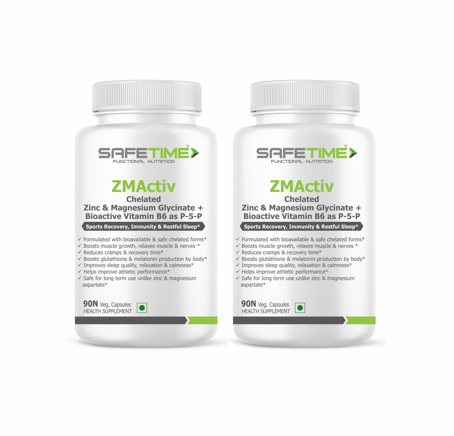 SAFETIME ZMActiv Safe, Chelated, Bioavailable Zinc & Magnesium Glycinate with Bioactive Vitamin B6 as P5P Sports Recovery, Immunity & Restful sleep (90 Veg capsules)