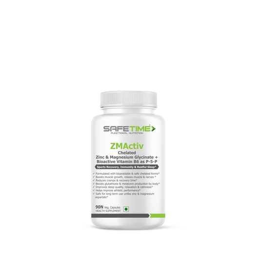 SAFETIME ZMActiv Safe, Chelated, Bioavailable Zinc & Magnesium Glycinate with Bioactive Vitamin B6 as P5P Sports Recovery, Immunity & Restful sleep (90 Veg capsules)