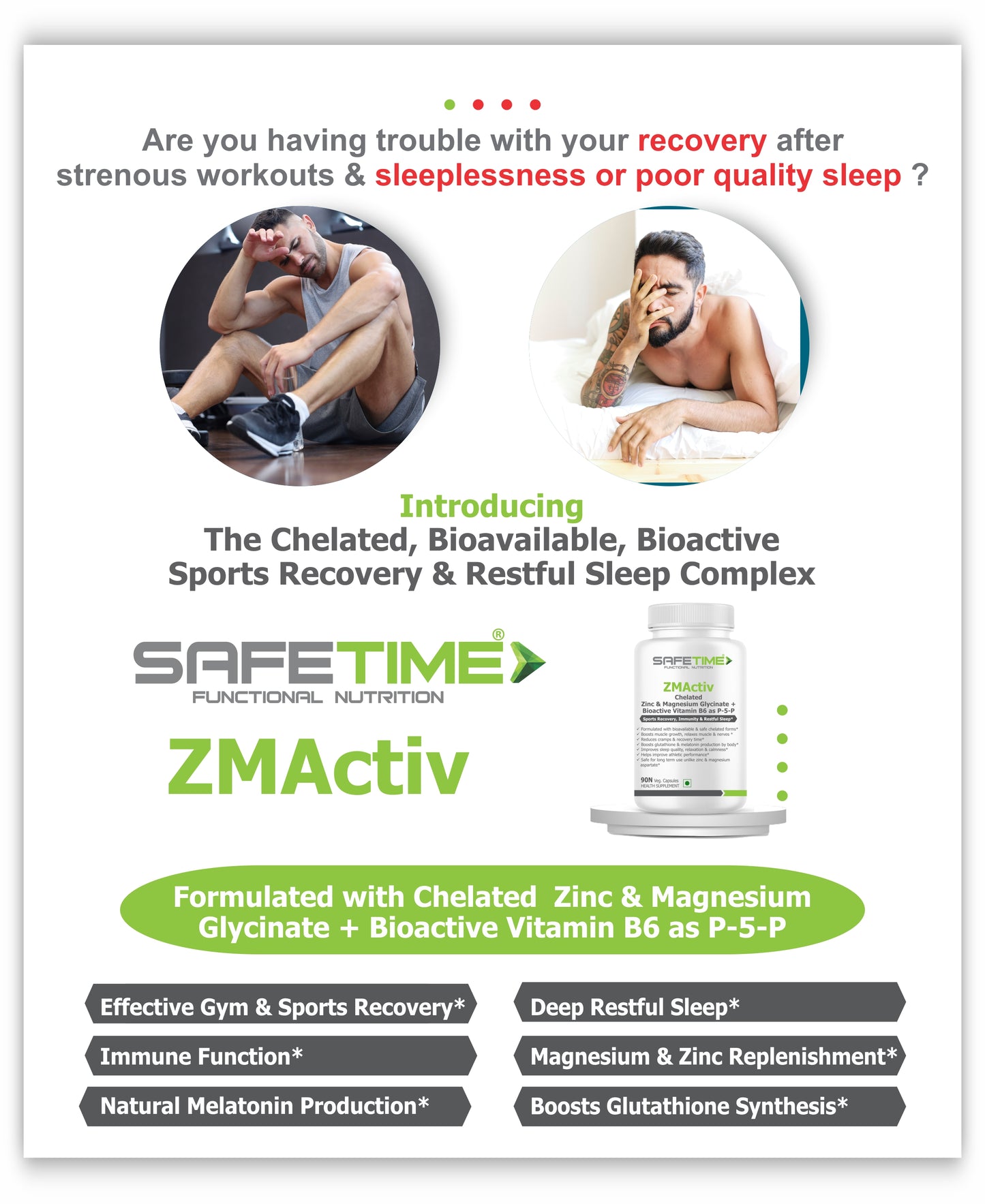 SAFETIME ZMActiv Safe, Chelated, Bioavailable Zinc & Magnesium Glycinate with Bioactive Vitamin B6 as P5P Sports Recovery, Immunity & Restful sleep (90 Veg capsules)